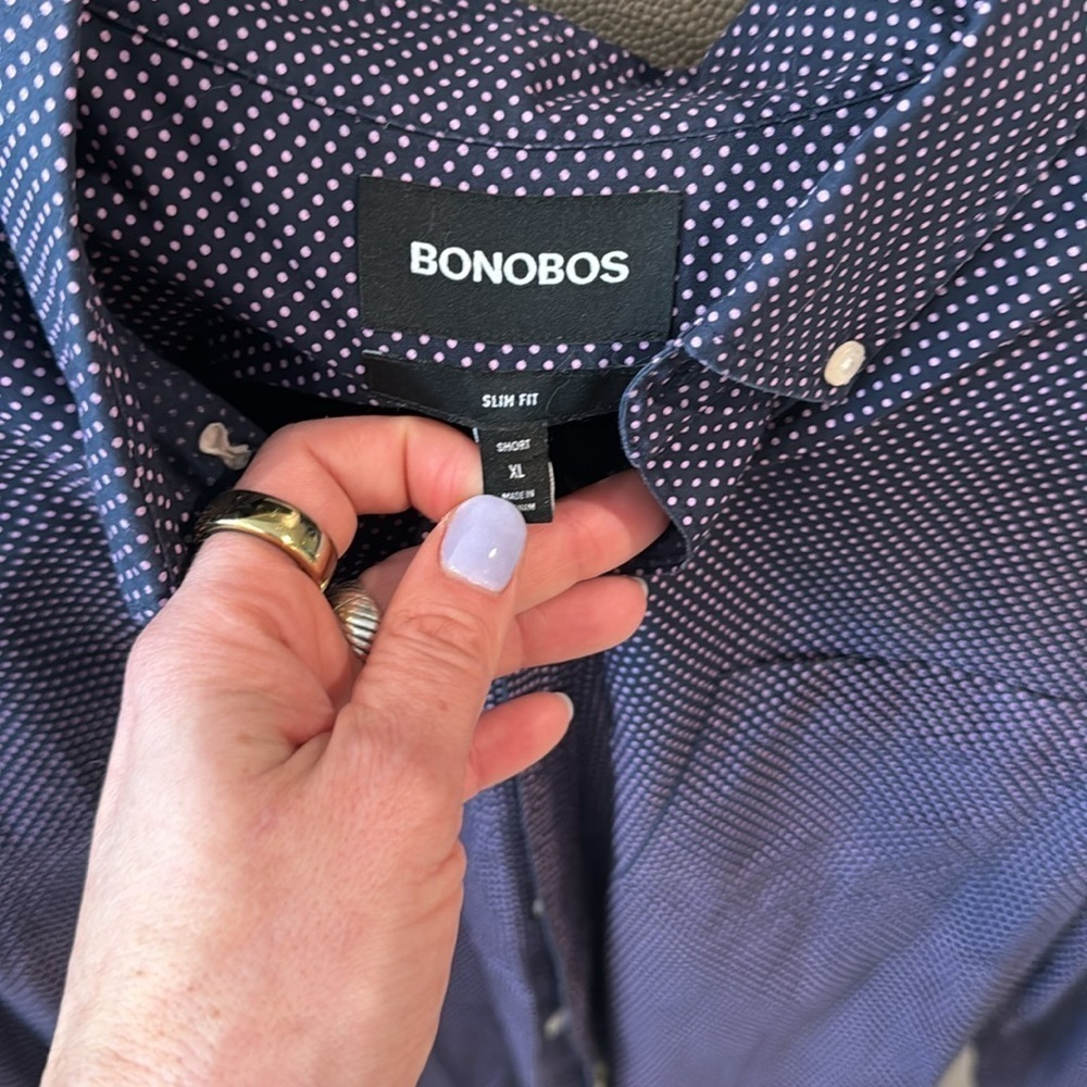Bonobos Long Sleeve Shirt Men XL Button Up Slim Navy with pink polka dots - Picture 2 of 3